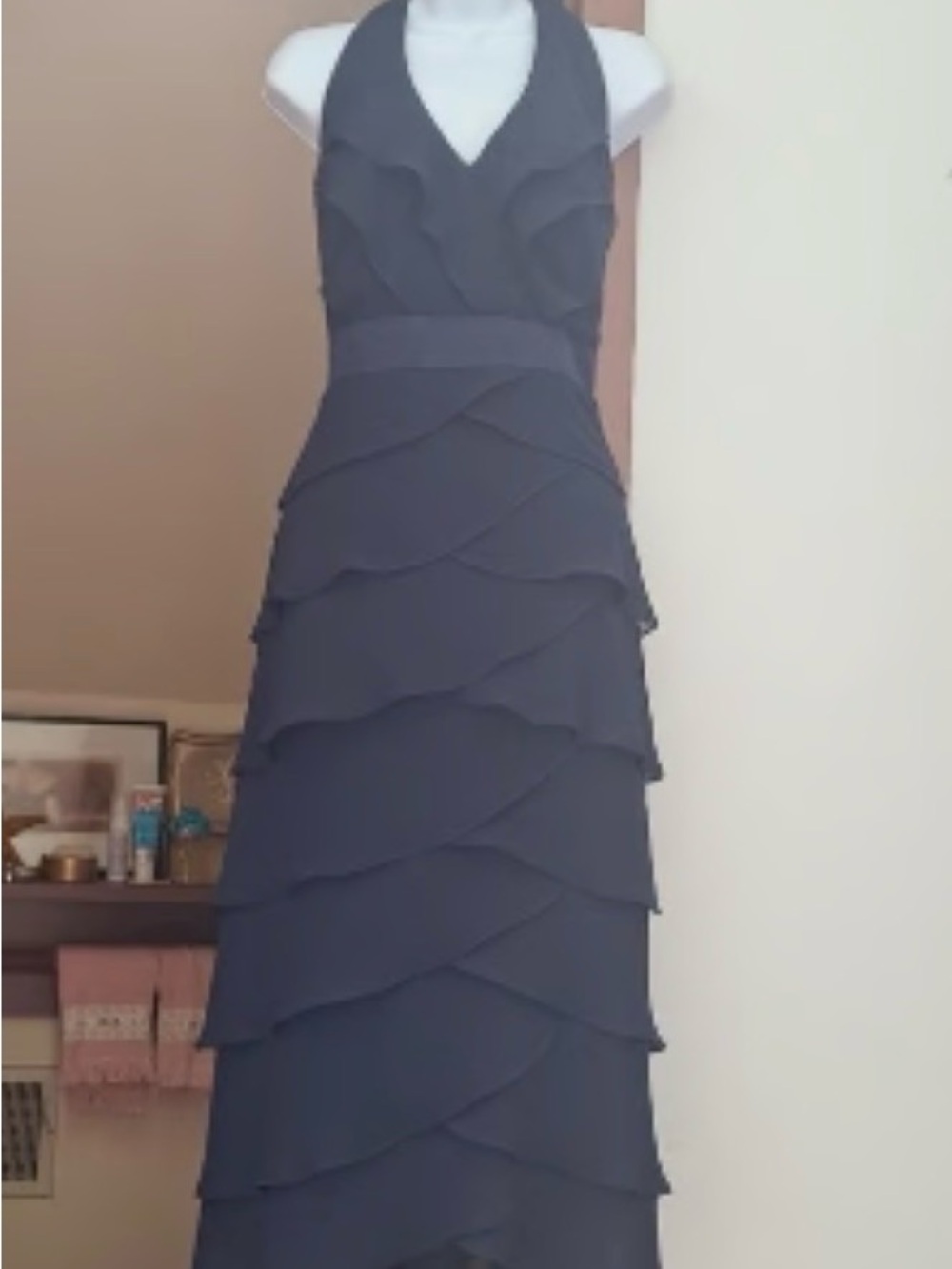 After Six Navy Halter Tiered Ruffle Maxi Dress